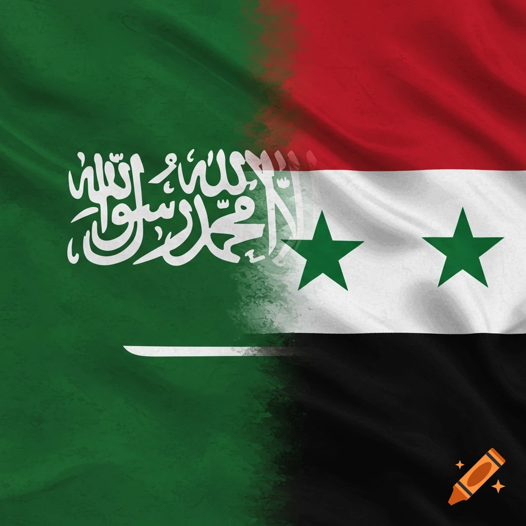The green Saudi Arabian flag with white Arabic script merges into the red, white, and black Syrian flag with two green stars.