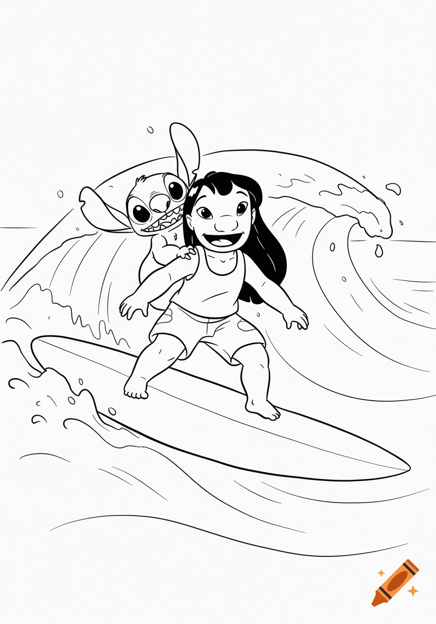 A black and white line drawing of Lilo and Stitch happily surfing on a wave.