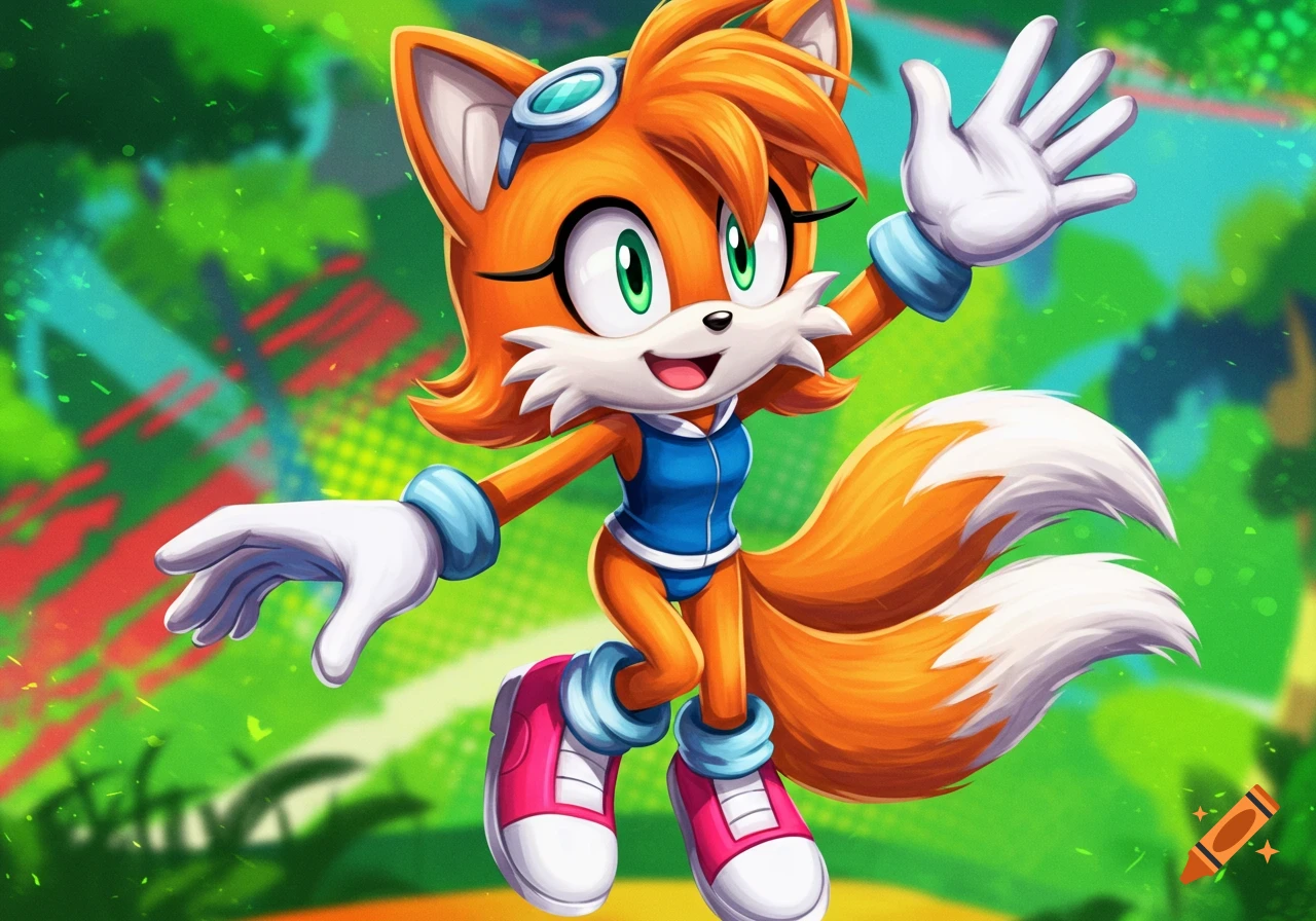 A vibrant cartoon character, an orange fox with green eyes, smiles and waves while wearing a blue and white outfit and pink shoes, against a colorful green background.