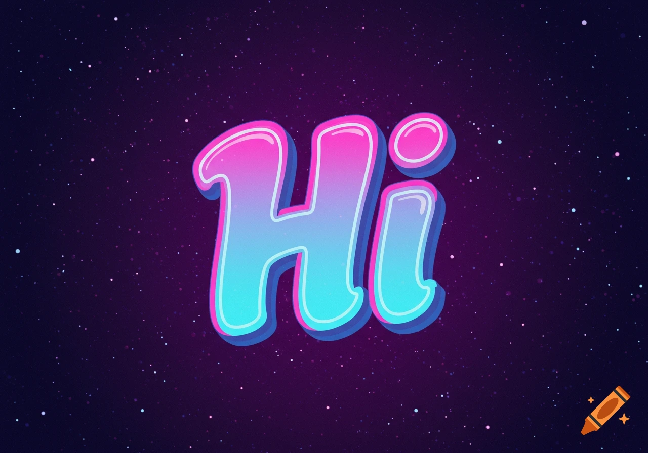 The word 'Hi' in a vibrant pink and blue gradient, 3D style with a glow effect, against a dark starry space background.