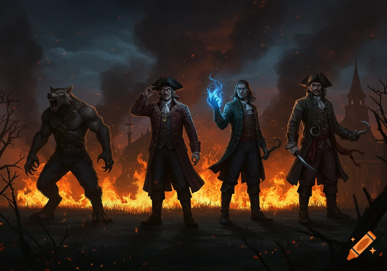 A dark fantasy art piece depicting a werewolf, a wizard, a pirate, and a man in a hat standing before a burning village at night.