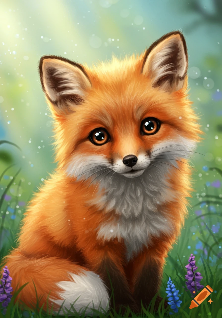 An adorable, fluffy orange fox with large dark eyes sits in a grassy field with purple flowers, rendered in a digital art style.