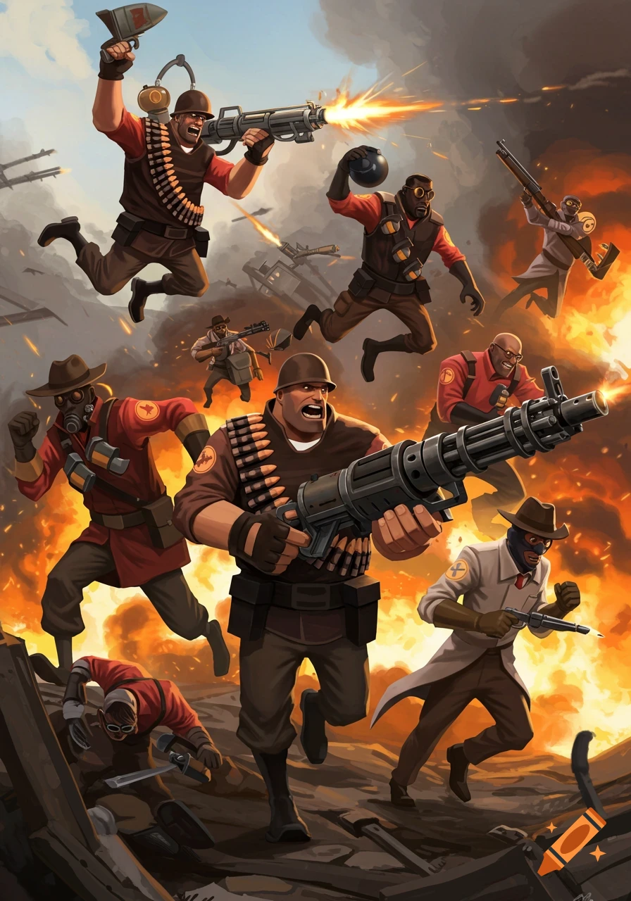 An epic illustration of all nine Team Fortress 2 mercenaries engaged in a chaotic battle amidst explosions and smoke.