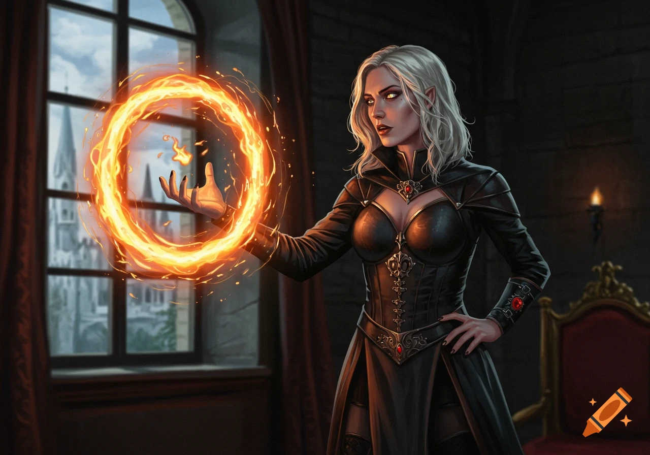 A white-haired sorceress in a black corset dress stands in a castle room, holding a glowing fiery ring in her hand.