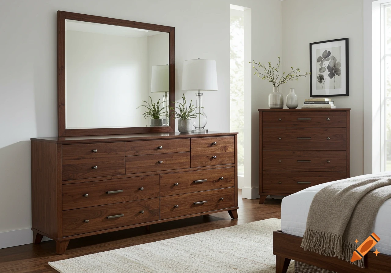 A wooden 8-drawer dresser with a large mirror and a matching chest of drawers in a bright bedroom setting with a bed and rug.