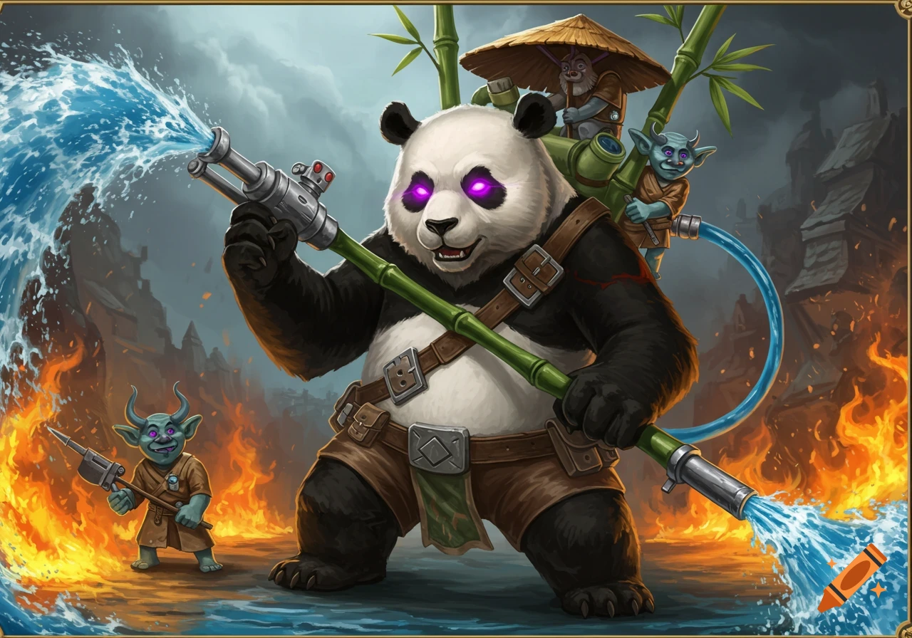 A bipedal panda with glowing purple eyes wields a bamboo water cannon, putting out fires with two small goblin-like creatures helping from its back, and another on the ground.