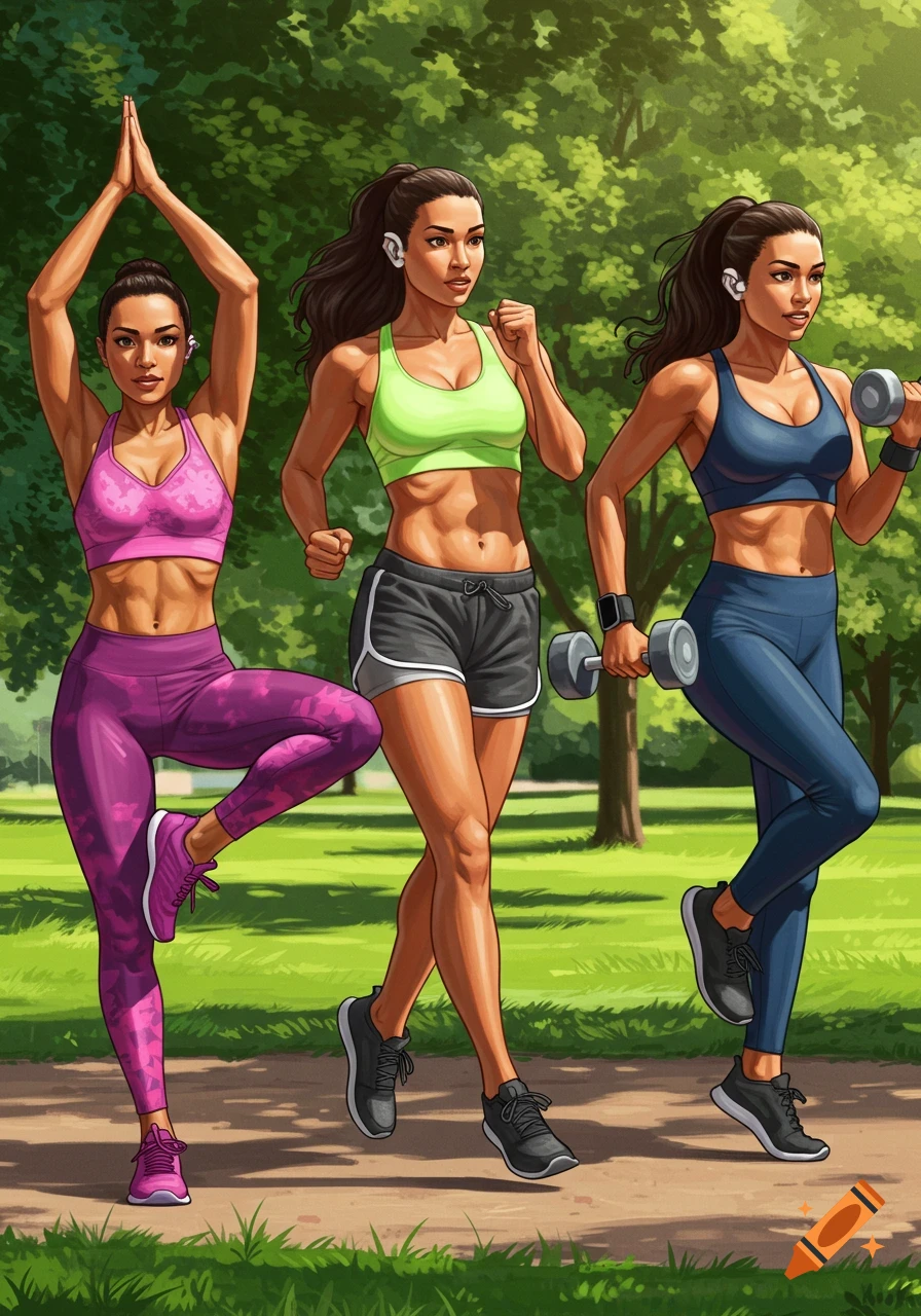 Three fit women in athletic wear exercising outdoors: one in a yoga pose, one jogging, and one lifting dumbbells, in an illustrative style.