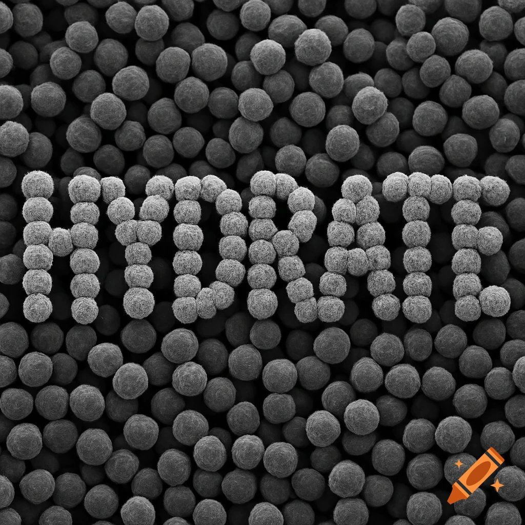 The word 'HYDRATE' spelled with light grey textured spheres on a darker grey sphere background, resembling an electron microscope image.