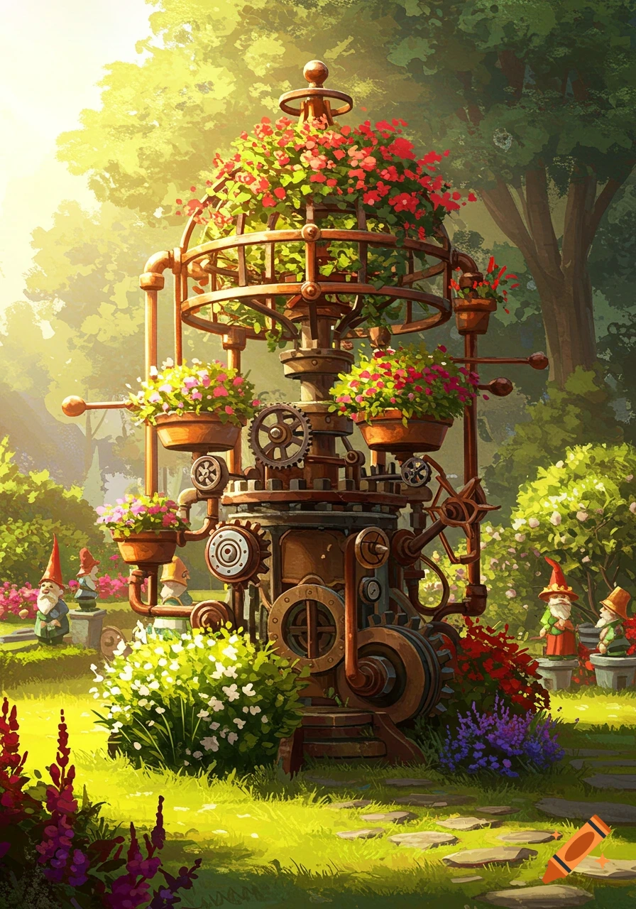A whimsical steampunk-style garden contraption with potted flowers and gears, surrounded by lush green foliage and garden gnomes.