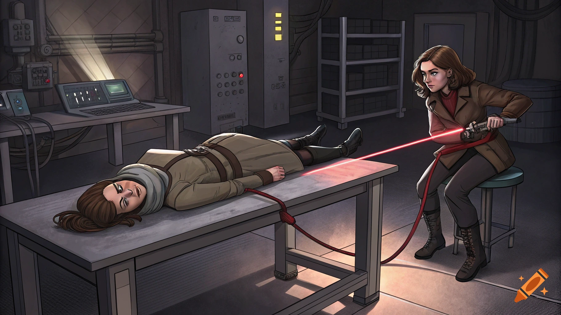 A female spy is restrained on a table in a dimly lit laboratory while another woman aims a laser at her.