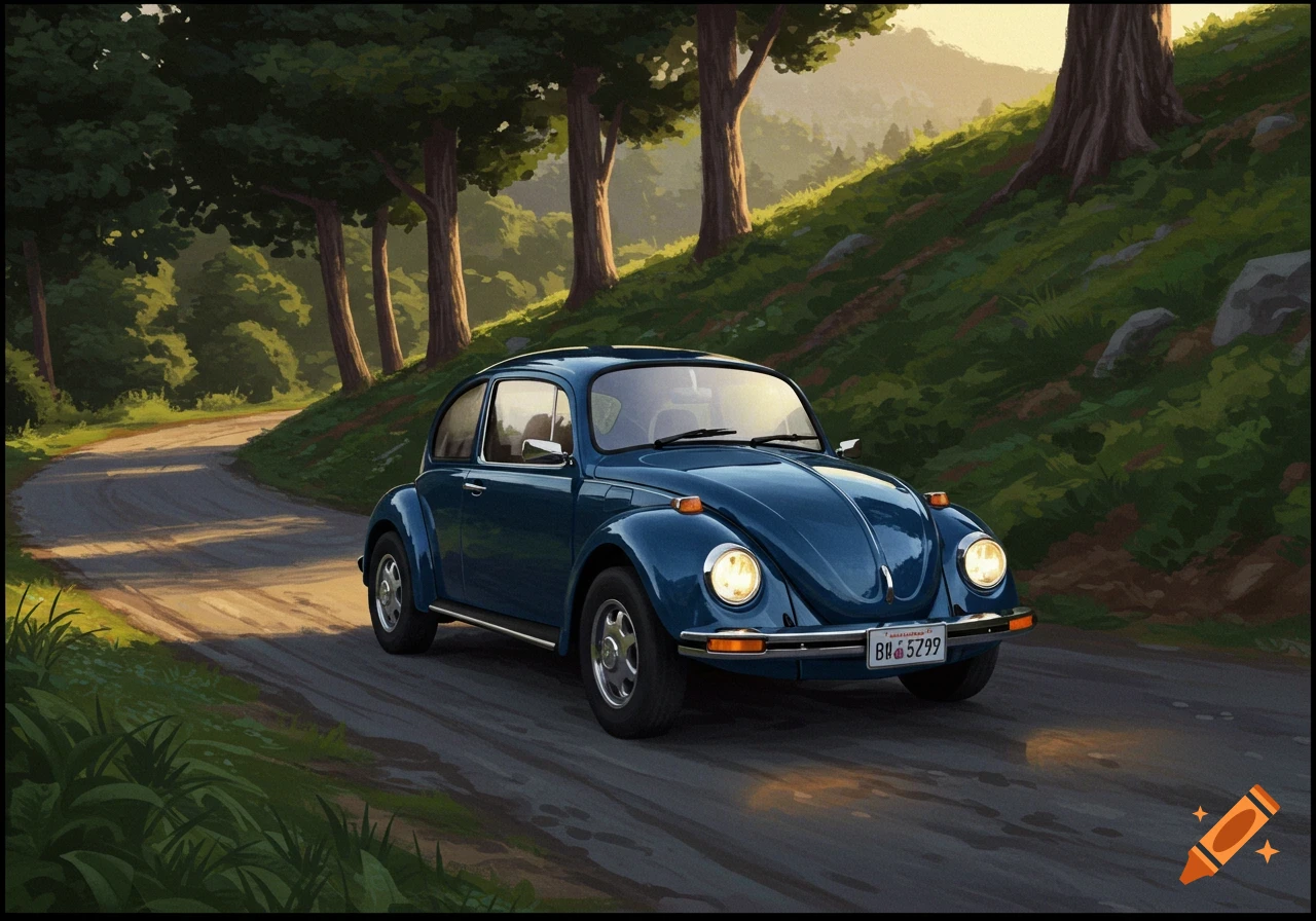 A dark blue 1971 Volkswagen Beetle drives on a winding dirt road through a forested, hilly landscape at sunset, in a digital painting style.