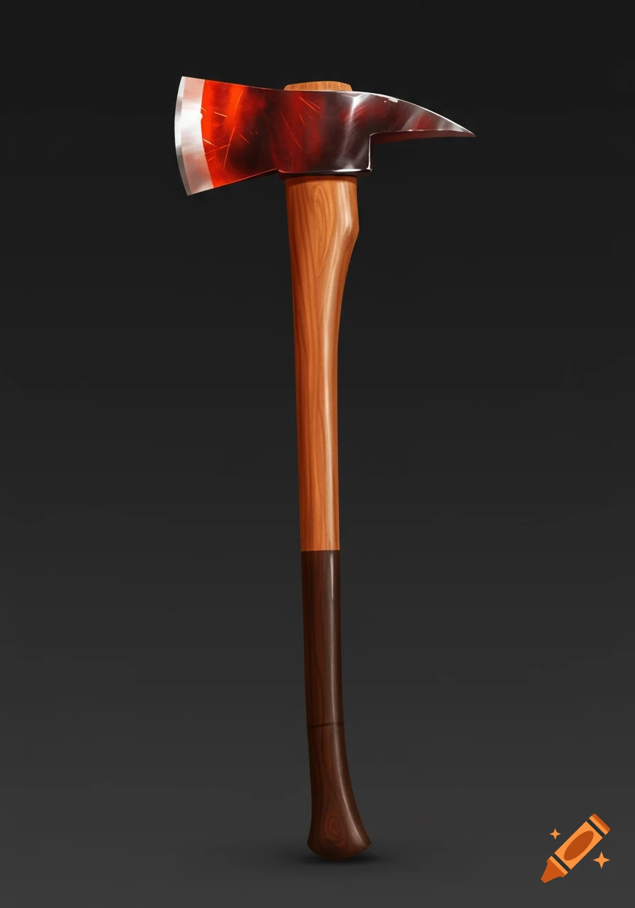 A stylized fire axe with a wooden handle and a metallic head, featuring a reddish tint on the blade, set against a dark background.