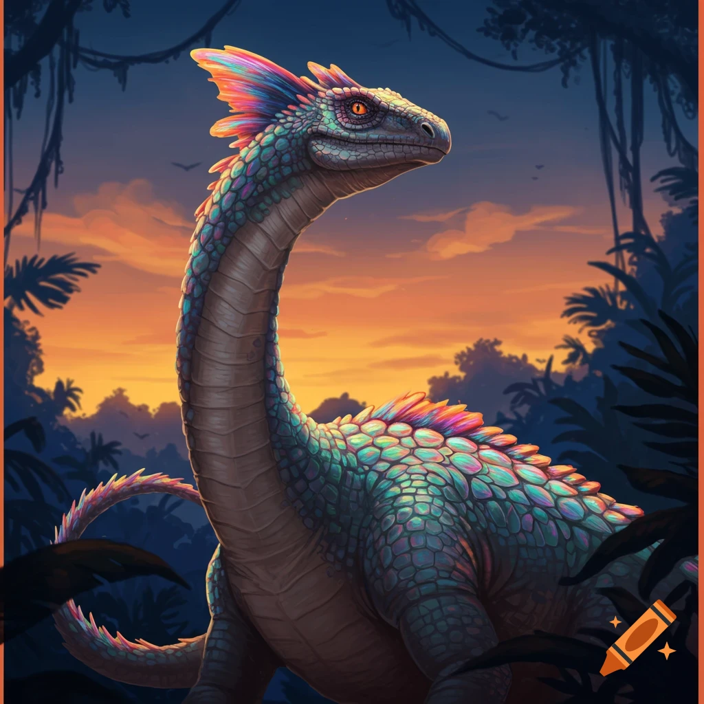 A vibrant, colorful dinosaur-like creature with glowing scales and a long neck stands in a lush jungle at sunset.