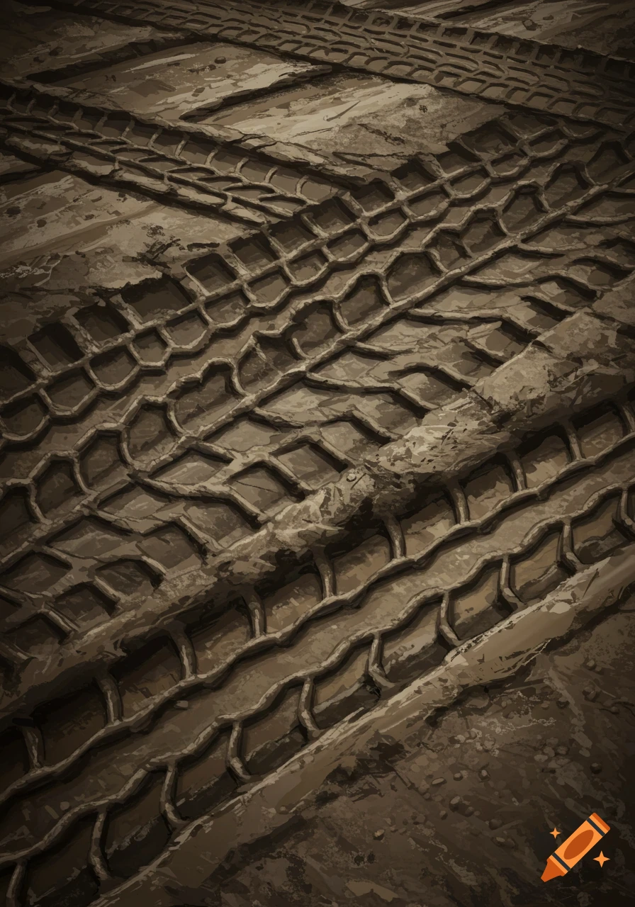 Detailed close-up of overlapping tire tracks in muddy ground, rendered in earthy tones.