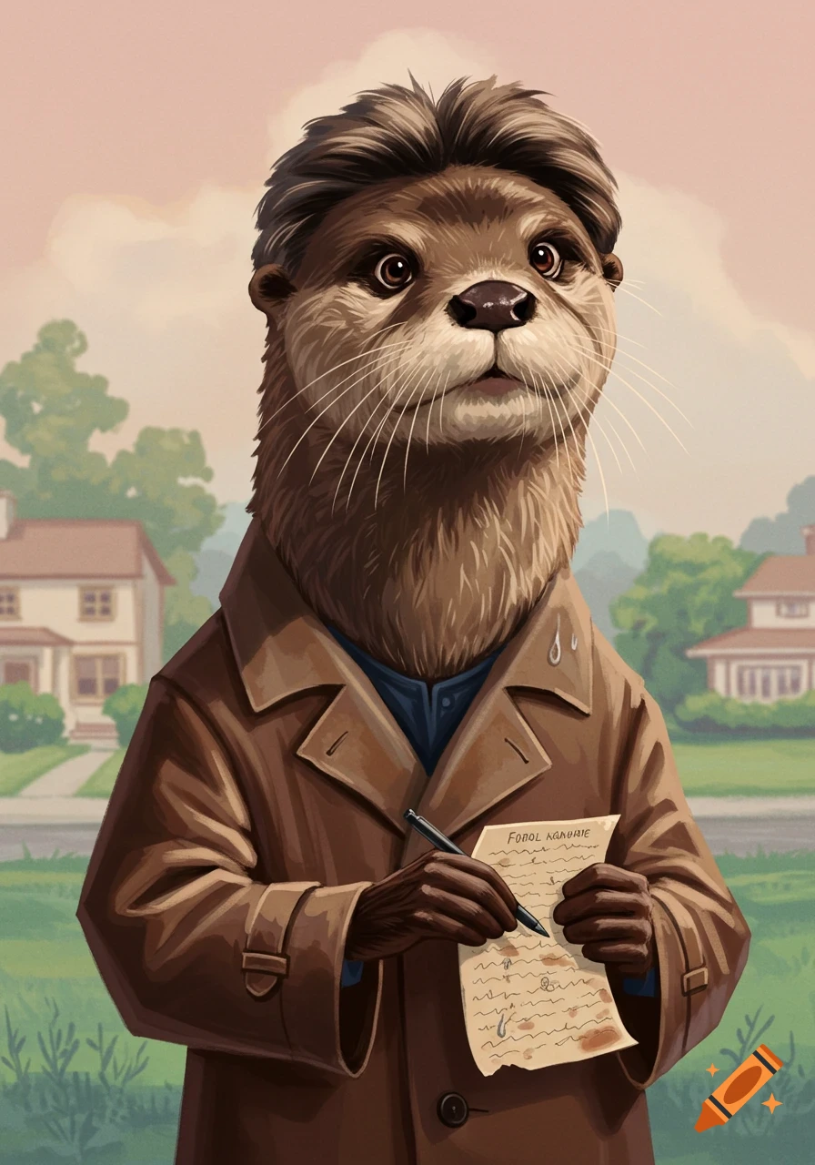 An illustrated anthropomorphic otter, dressed in a brown trench coat, stands in a suburban setting, holding a pen and a piece of paper.