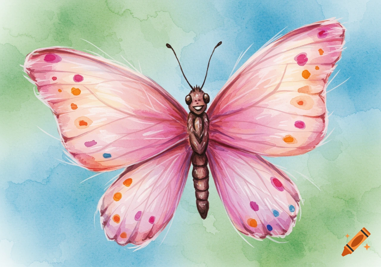 A happy, pink watercolor butterfly with a brown body and antennae on a blue and green background.