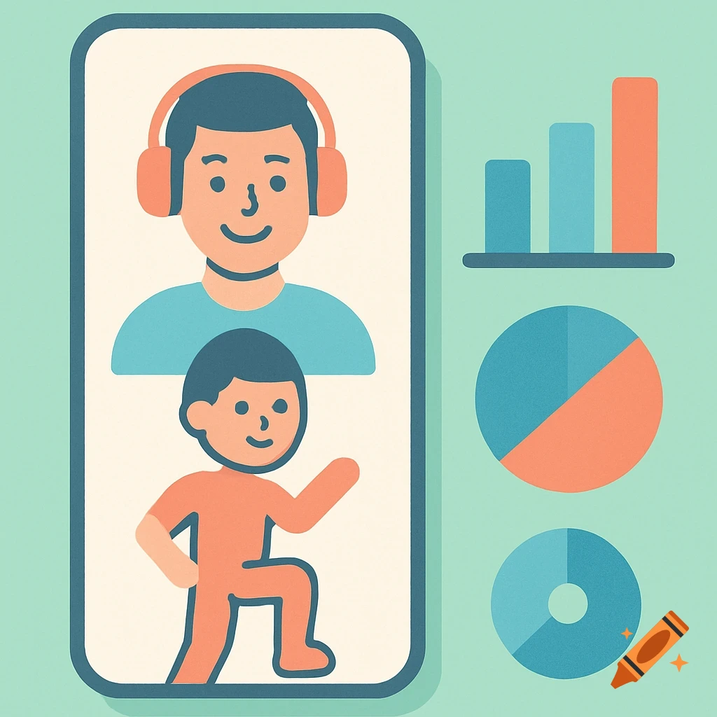 A flat-design illustration of a mobile screen showing a smiling avatar coaching a smaller figure doing a workout, with bar and pie charts beside it.