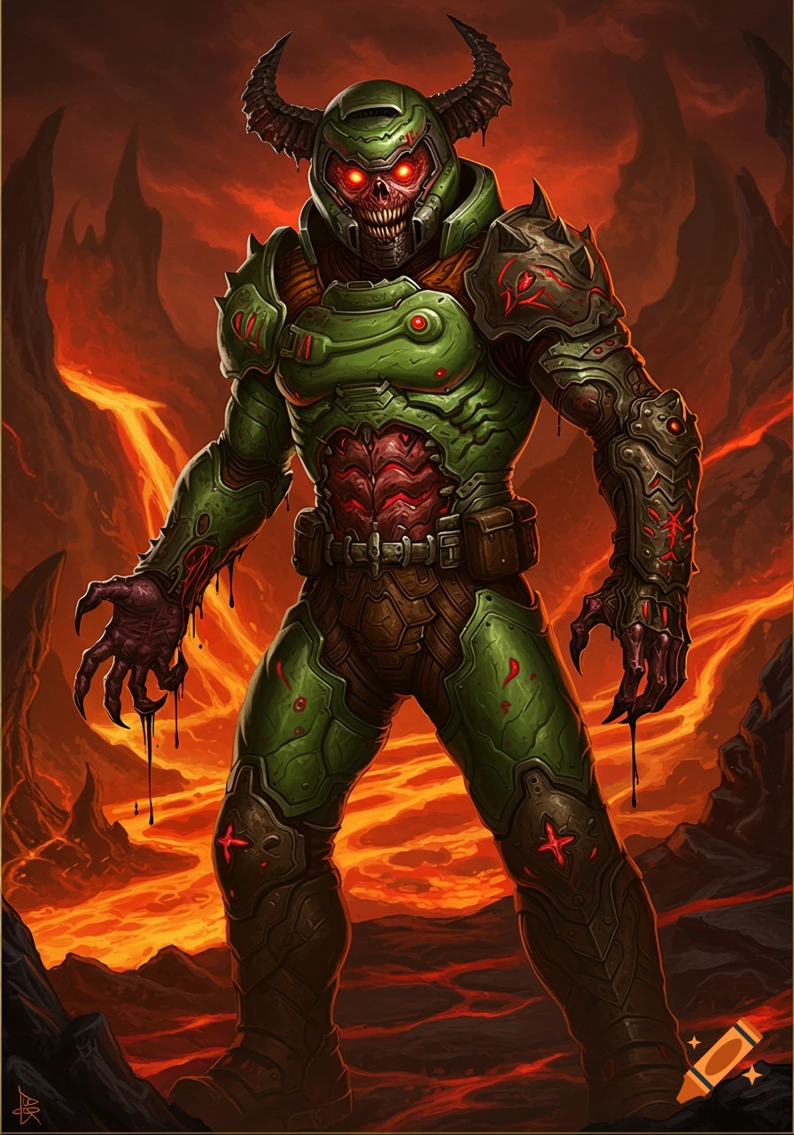 A demonic figure in green armored suit with glowing red eyes stands in a fiery, lava-filled hellscape.