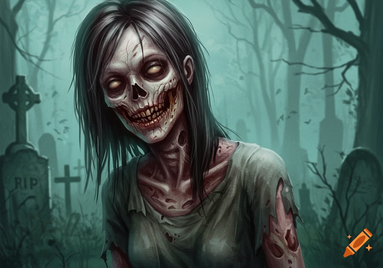 A close-up illustration of a decaying female zombie with pale skin, glowing eyes, and exposed teeth, standing in a misty graveyard with tombstones.