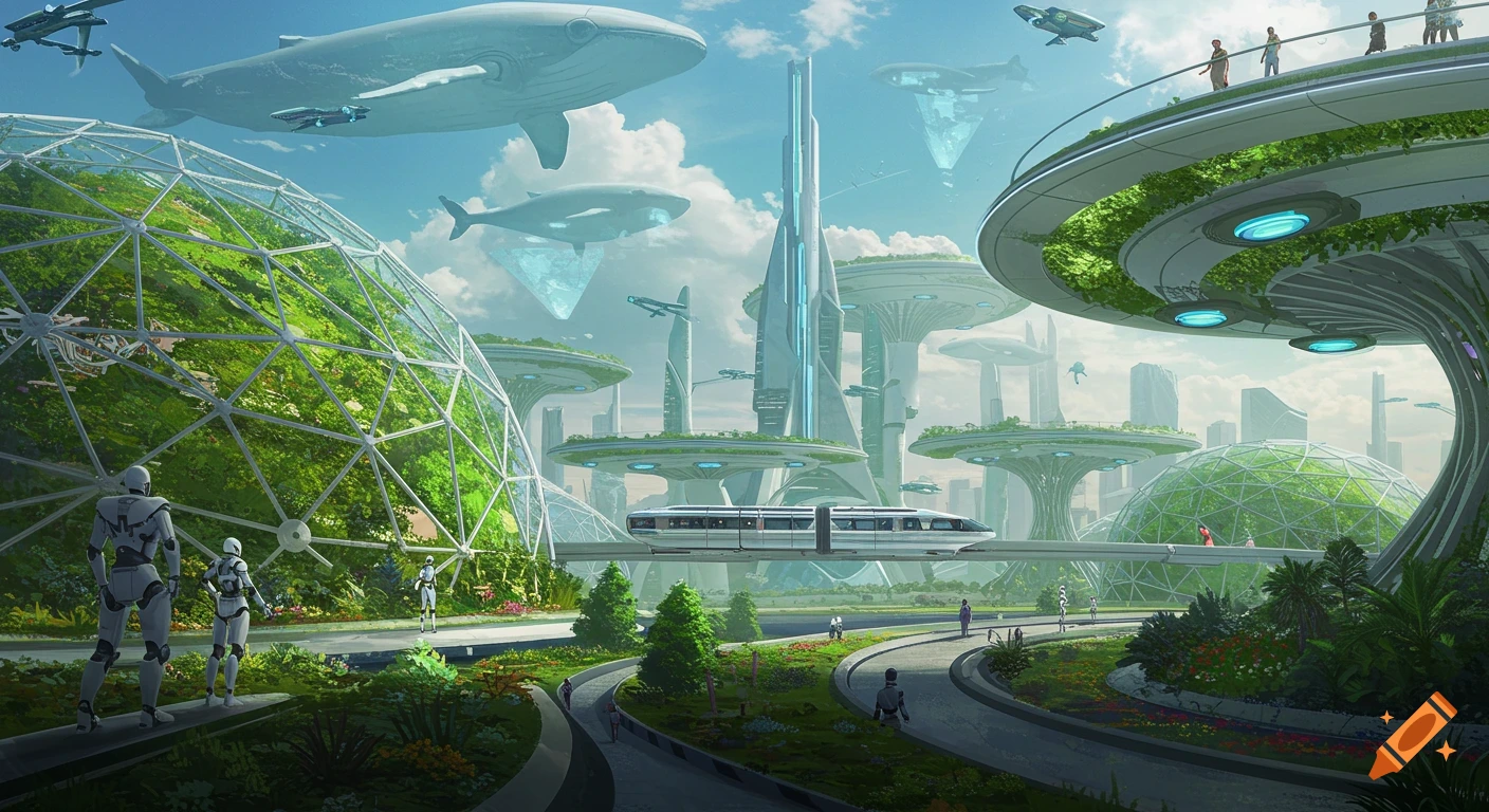 A vibrant futuristic city with large whales floating in the sky, green bio-domes, towering buildings, and a monorail with robots and humans.