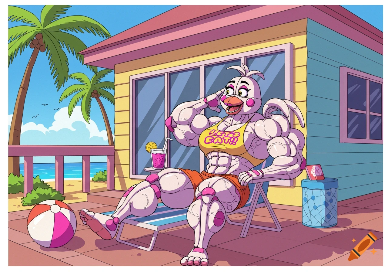 Muscular Funtime Chica in a yellow bikini top relaxes on a lounge chair at a beach house, colorful cartoon style.