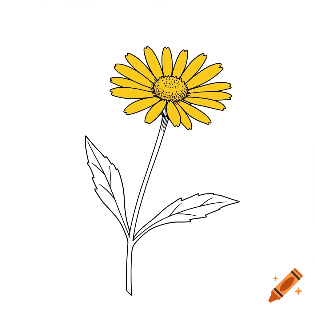 A simple line art drawing of a yellow Agoseris flower with two leaves on a white background, in a coloring page style.
