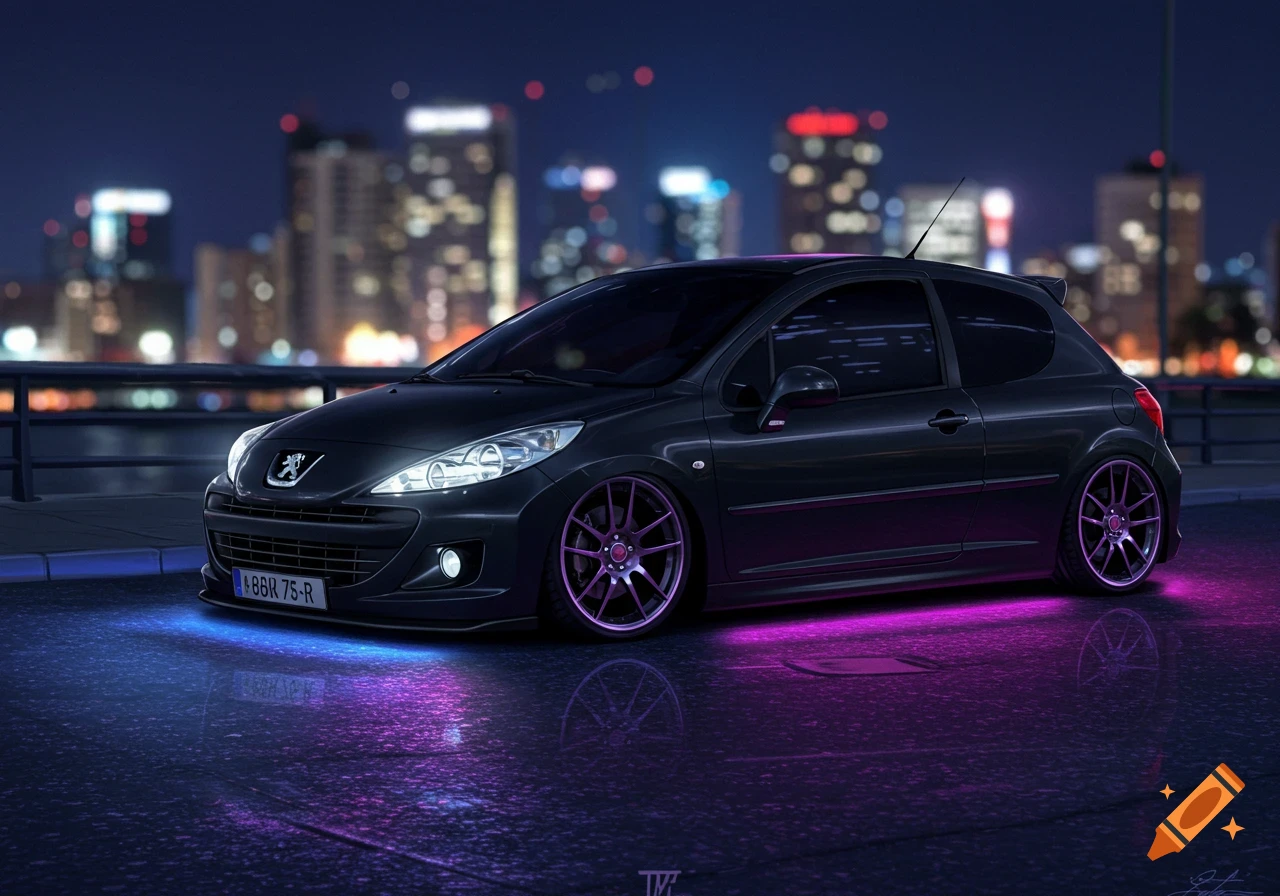 A black Peugeot 207 with purple underglow neon lights parked at night in a city with illuminated buildings.