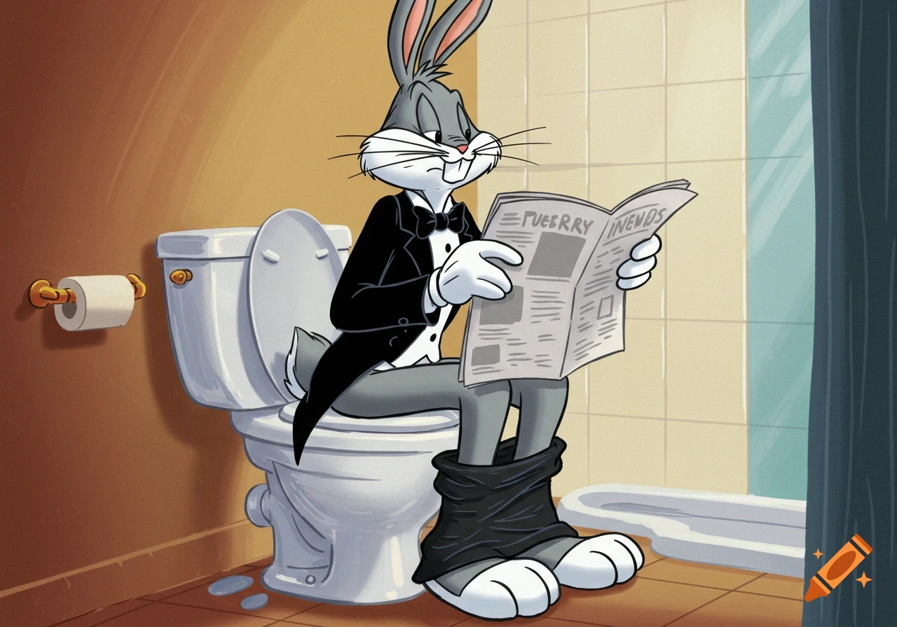 Bugs Bunny in a tuxedo sits on a toilet with his pants down, reading a newspaper in a cartoon style.