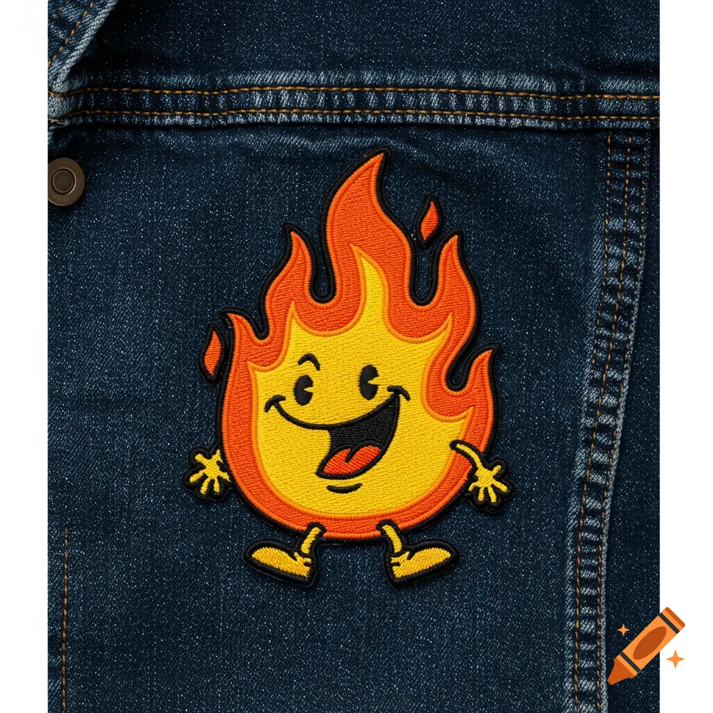 A cheerful cartoon flame character embroidered patch on a blue denim jacket.