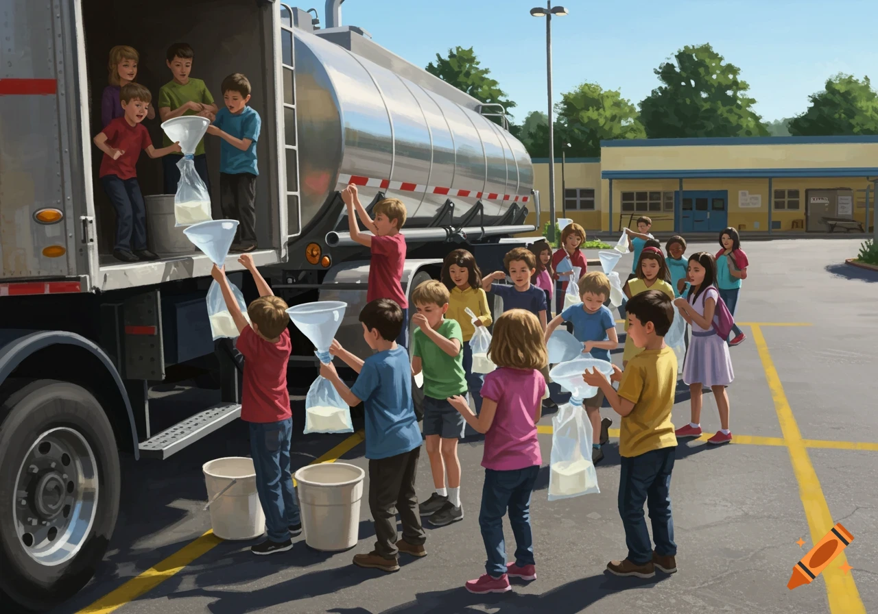 Children using funnels to fill clear bags with milk from a large tanker truck in a school parking lot.