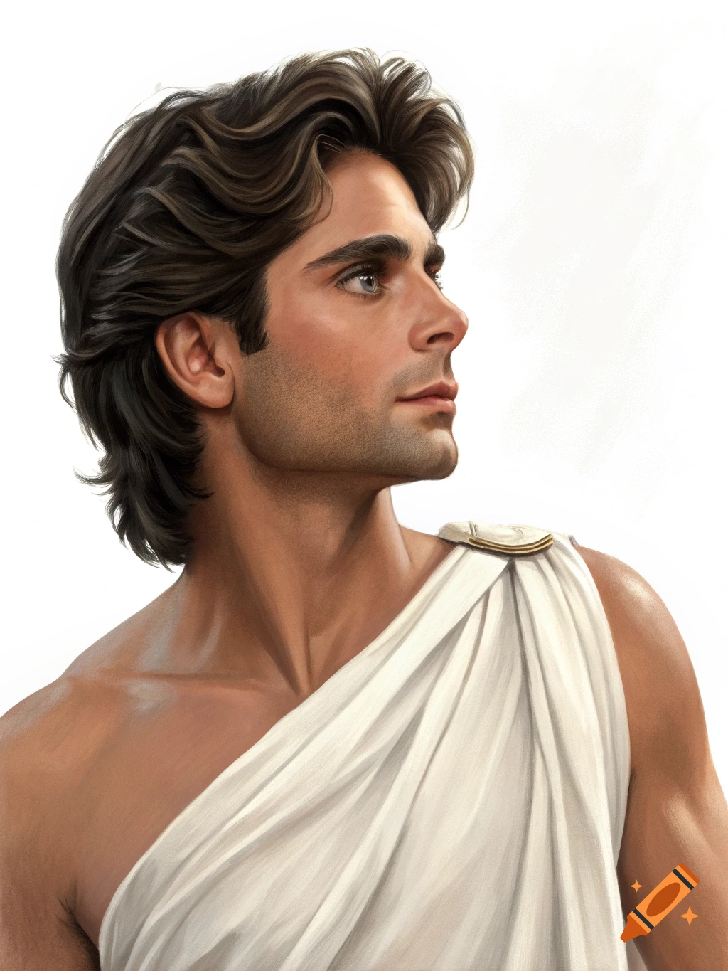 Photorealistic portrait of a man with dark wavy hair and blue eyes, wearing a white toga, looking right in profile.