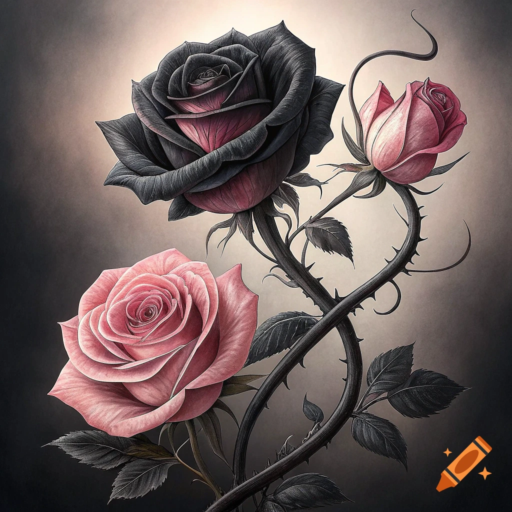 A vibrant illustration features a large black rose with pink inner petals, a soft pink open rose, and a pink rosebud on thorny black stems.
