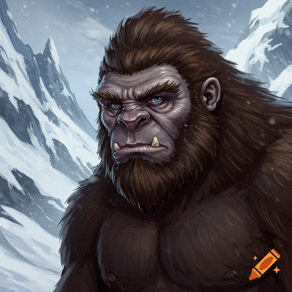 Close-up illustration of a muscular brown yeti with blue eyes and tusks, set against snowy mountains with falling snow.