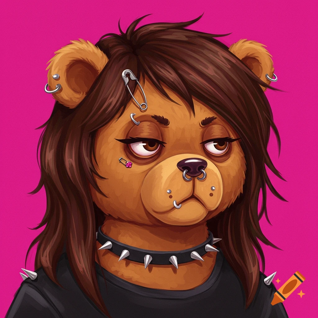 A brown cartoon bear with long dark brown emo hair, forehead piercings, a nose ring, and a spiked collar, looking grumpy on a pink background.