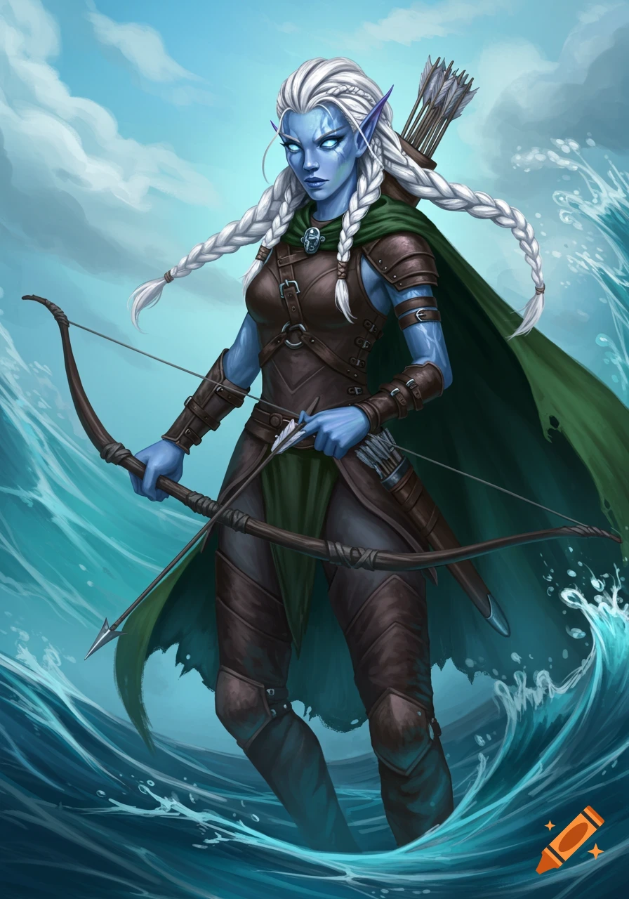 An aquatic blue-skinned elf woman with white braids, wearing leather armor, stands in crashing waves holding a bow and arrow.