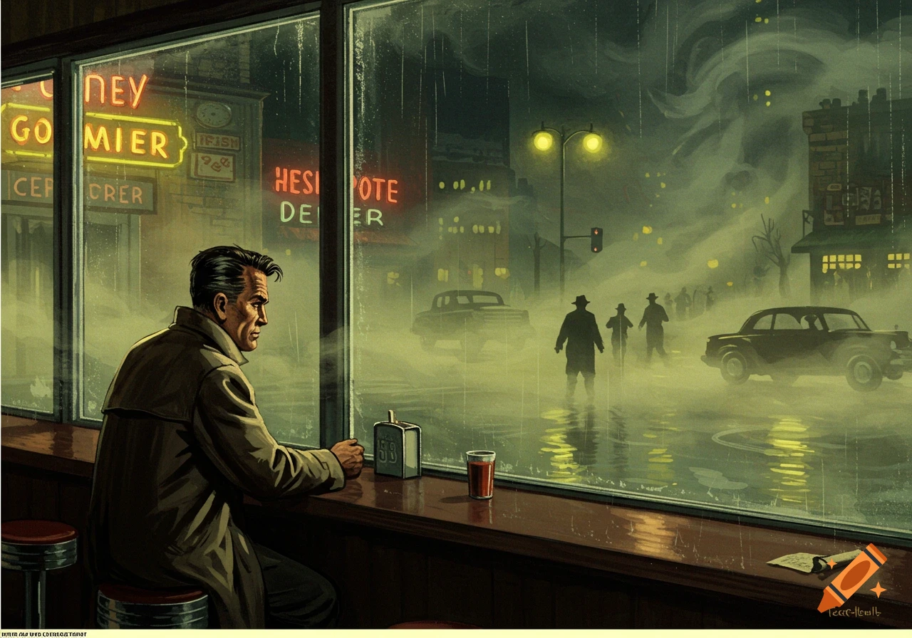 A man sits in a diner at night looking out a rainy window at a foggy street with shadowy figures and cars, in a pulp fiction illustration style.
