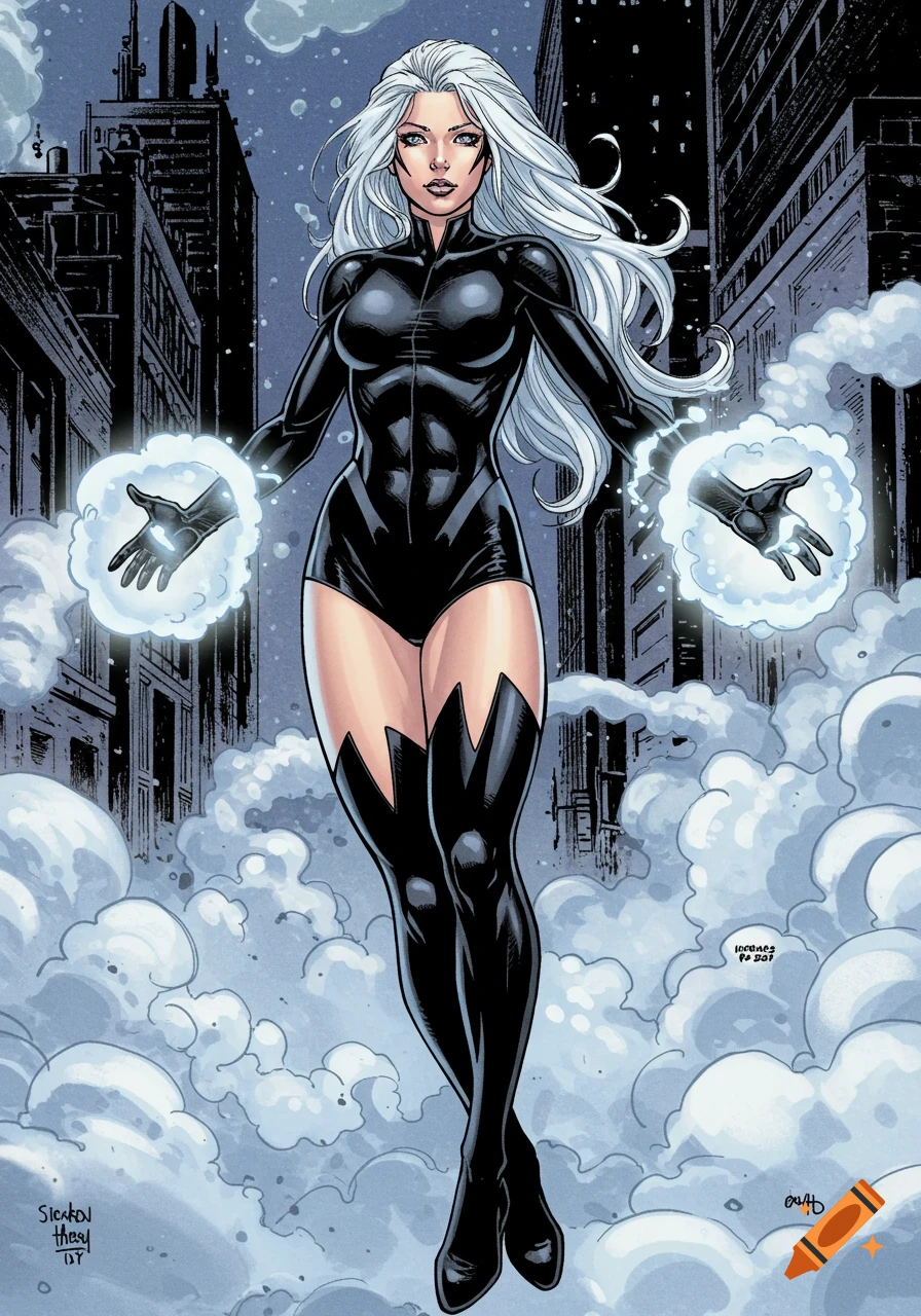A white-haired superhero in a black suit floats above a city, conjuring clouds, comic art style.