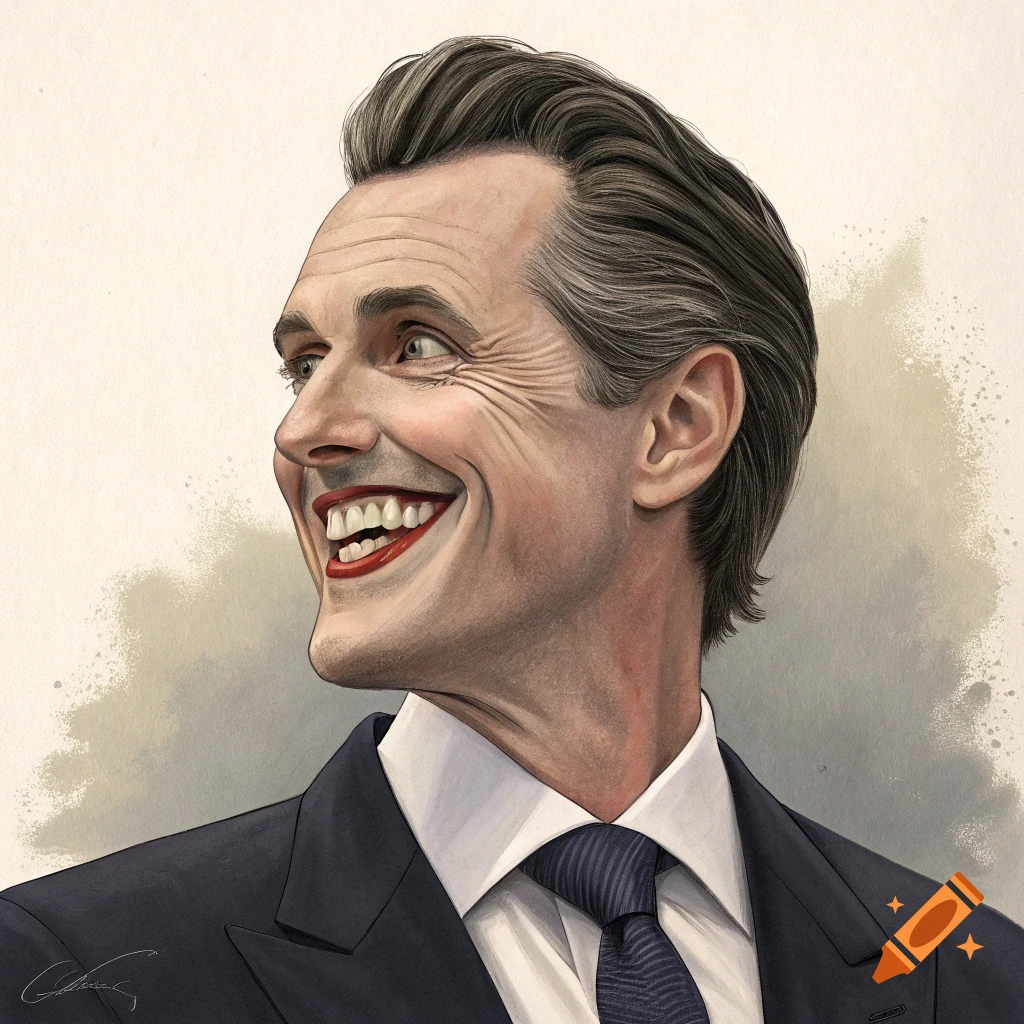 Illustrated caricature of Gavin Newsom with a wide, red-lipped smile, wearing a suit and tie.