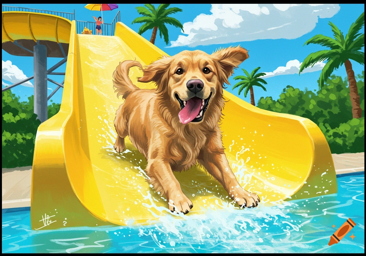 A joyful golden retriever slides down a yellow water slide into a pool, splashing water, with palm trees and blue sky. Illustrated style.