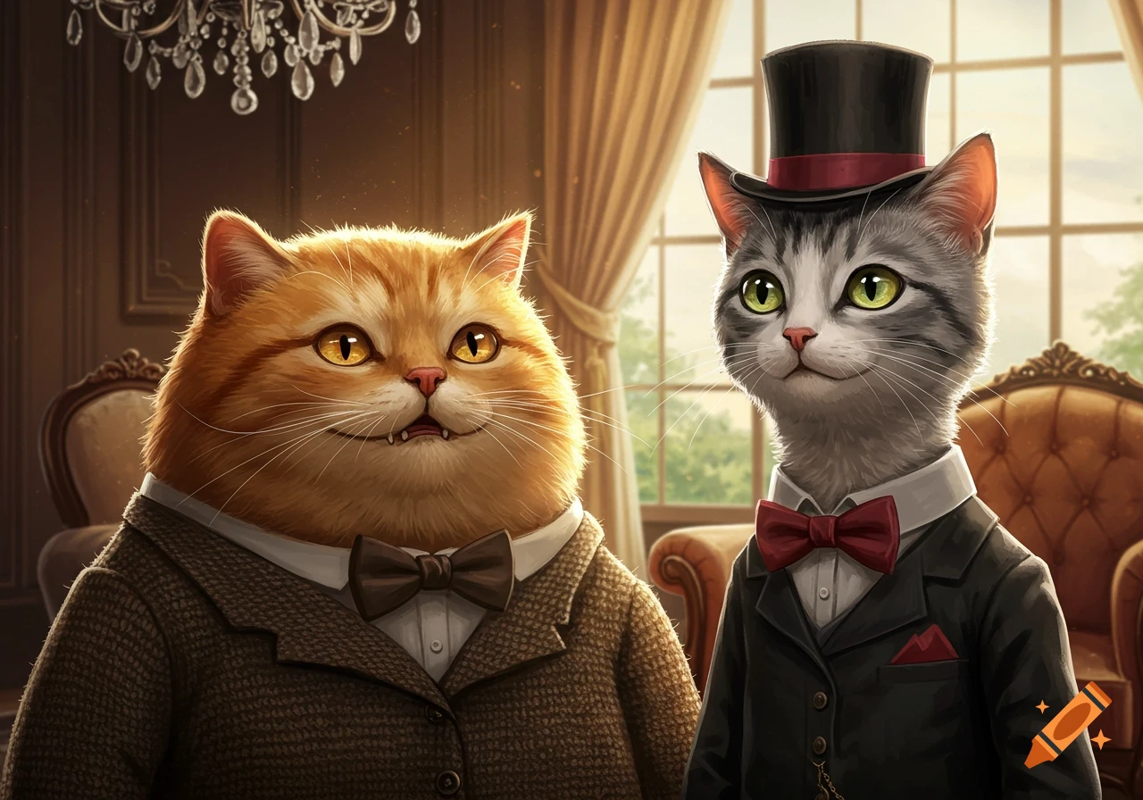A large orange cat and a slim gray-and-white cat, both dressed as gentlemen in a formal room with a chandelier.