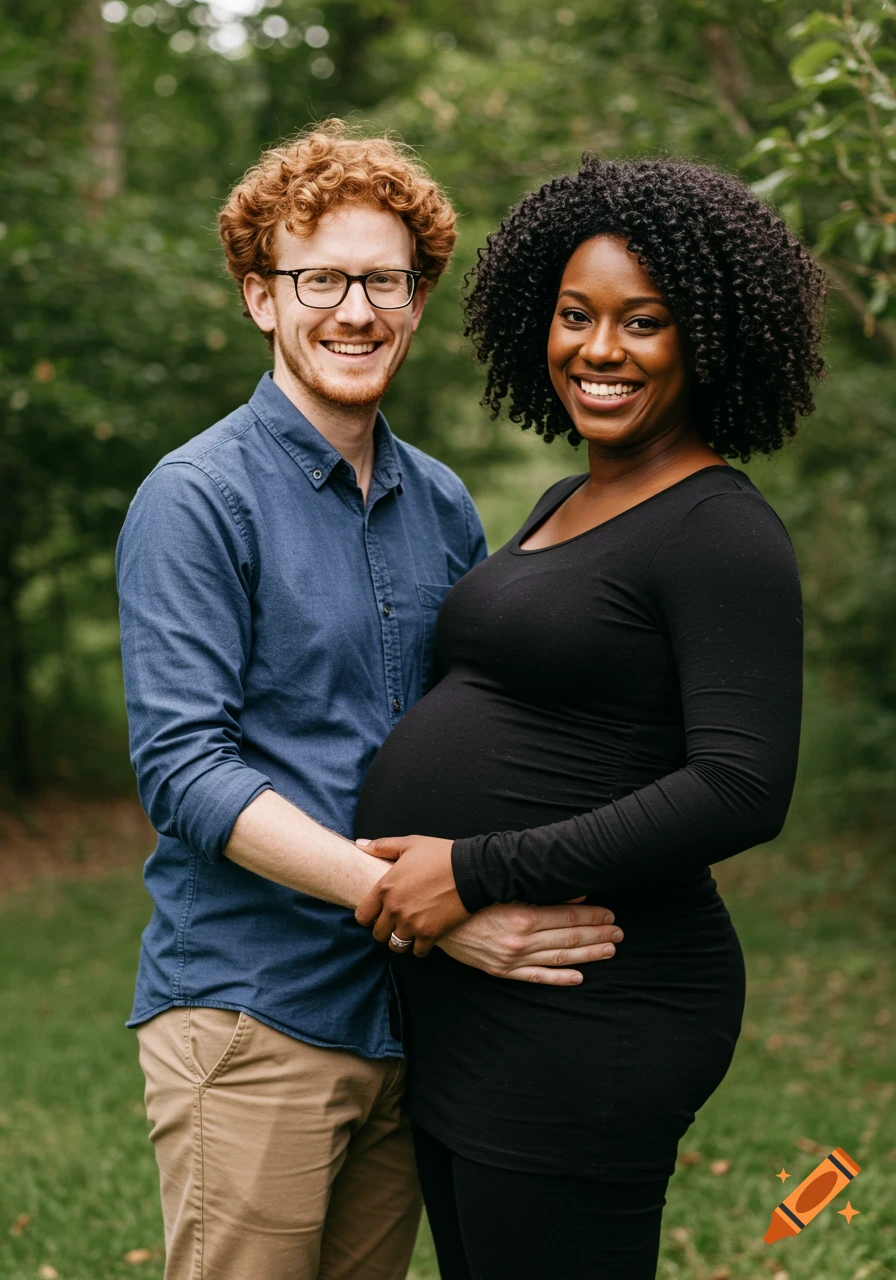 A smiling pregnant Black woman with curly hair and her red-haired husband in glasses pose outdoors, holding her baby bump.
