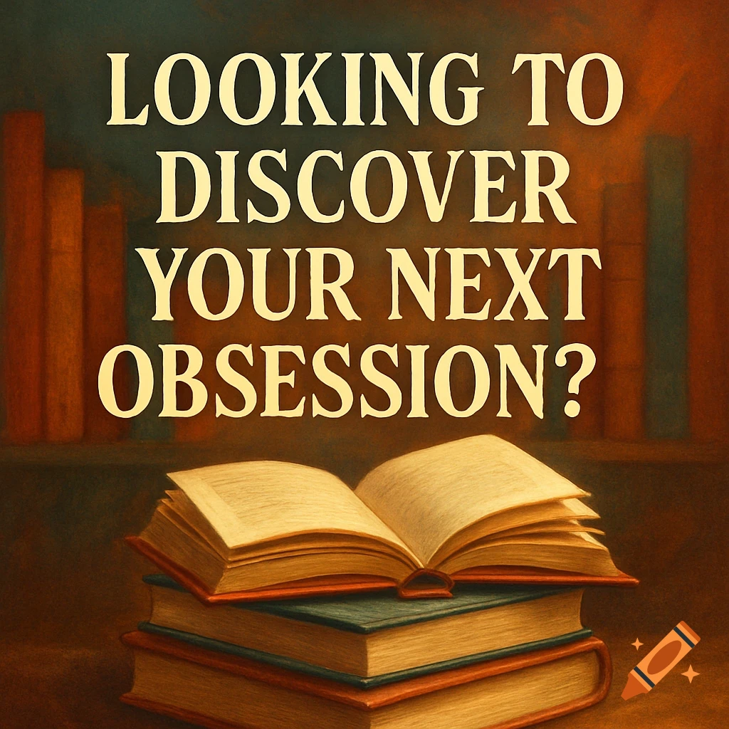 An open book on a stack of books with the text 'LOOKING TO DISCOVER YOUR NEXT OBSESSION?' above it, set against a blurred bookshelf.