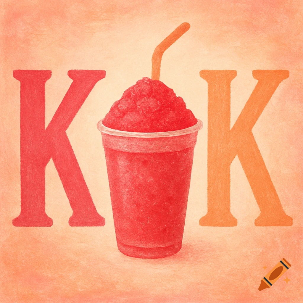 An illustration with a red slushie cup and straw in the center, flanked by a pink letter 'K' on the left and a peach letter 'K' on the right, all against an orange background.