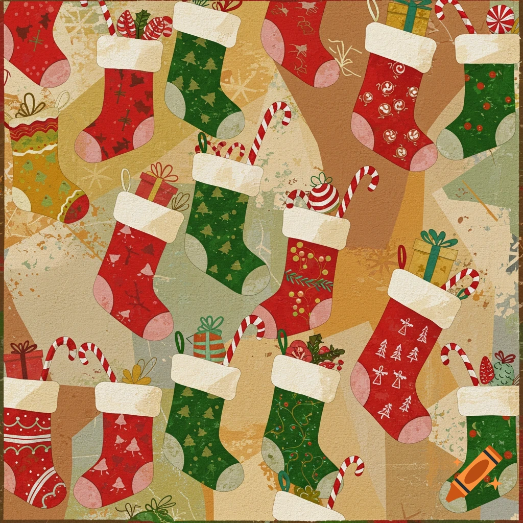 A Christmas-themed quilt pattern featuring numerous red and green stockings filled with candy canes and gifts on a textured, colorful background.