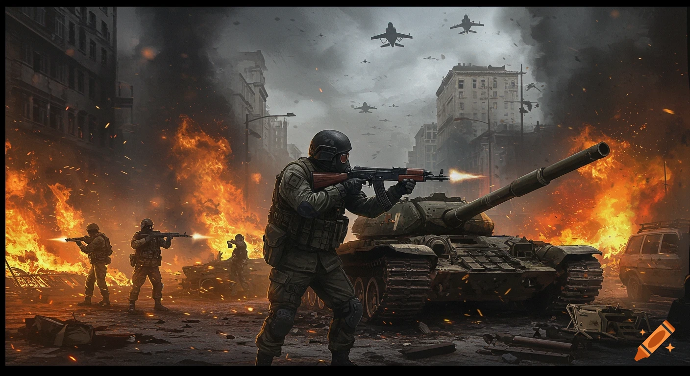 Soldiers and a tank engage in combat amidst burning city streets with fighter jets overhead, in a photorealistic style.