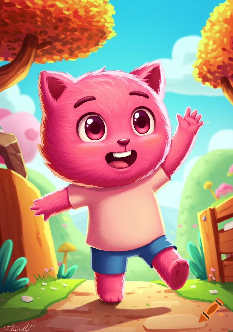 A cute, pink fluffy cartoon feline character walks on a path, smiling and waving, in a vibrant whimsical landscape.