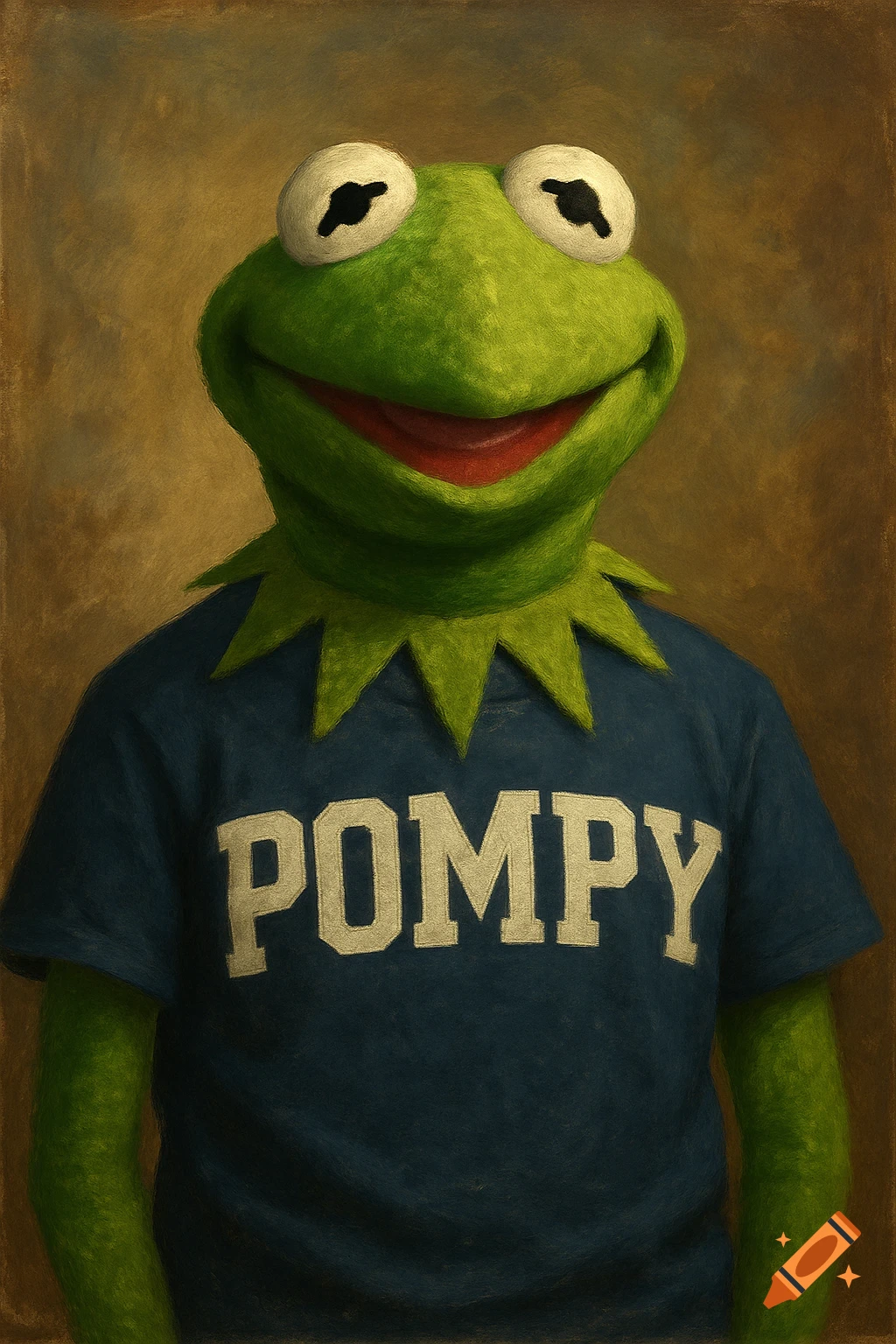 A painted portrait of Kermit the Frog wearing a blue t-shirt with the word 'POMPY' in white letters.