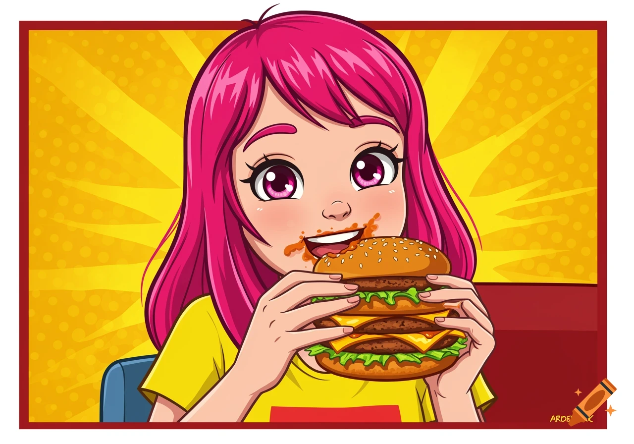 A pink-haired anime girl joyfully eats a large double cheeseburger, sauce on her mouth, against a vibrant yellow pop-art background.