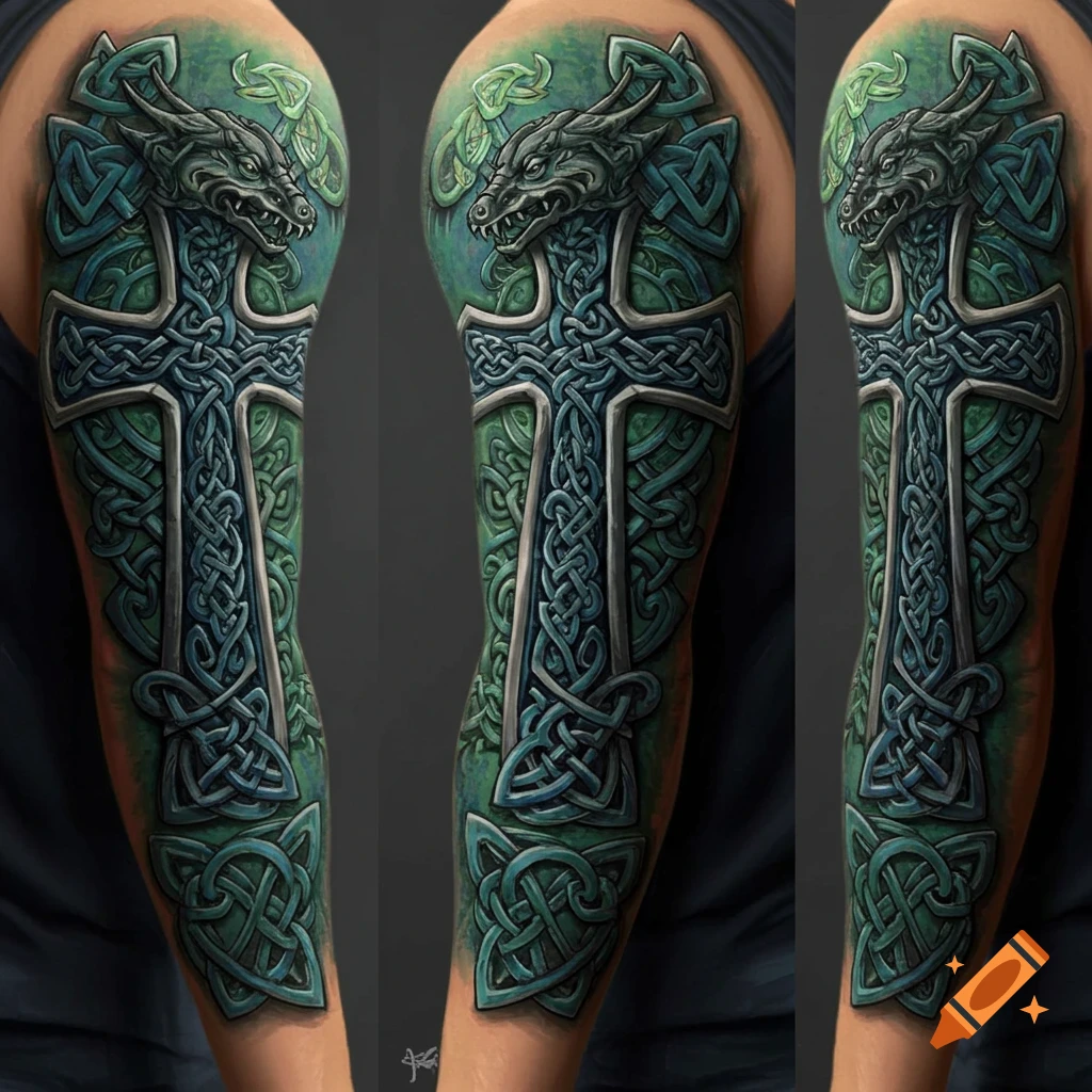 Detailed Celtic knot cross and dragon tattoo on an arm, in shades of blue and green.
