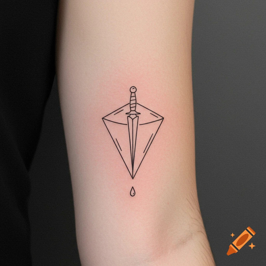 A minimalist thin-line tattoo of a dagger inside a kite-shaped shield with a small drop below it, on a person's arm.